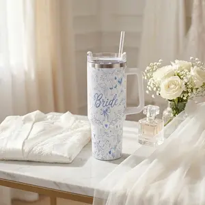 Whaline 40oz Bride Tumbler with Handle Straw and Lid Blue Bow Floral Travel Tumbler Coffee Cup for Women Friend Bridesmaid Wedding Bachelorette Party Favors