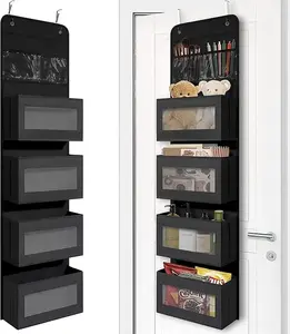 Over The Door Organizer Storage, 36 Lbs Heavy Duty Wall Mount Hanging Organizer Storage Hangable - 4 Large Pockets – Closet Bathroom Bedroom  jewelry shoe rack house hat box water shower Over-The-Door with Hooks and Baskets Window Black