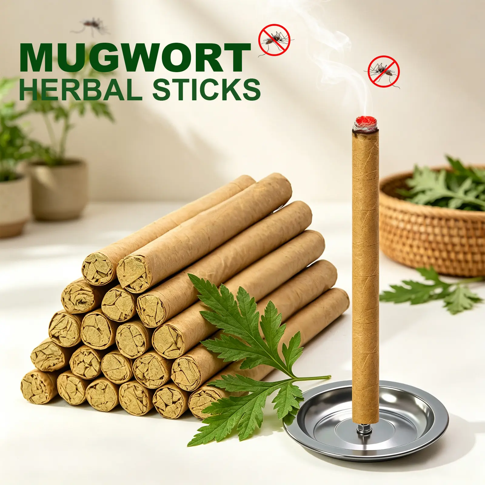 10/20/30-Pack Organic Mugwort Aromatherapy Sticks, Mugwort Incense Stick, Mugwort Mosquito Incense Stick, Indoor Aromatherapy, Repels Mosquitoes & Flies, Purifies Air, Upgraded Stainless Steel Base, for Living Room, Bathroom, Balcony, Warehouse, Outdoor s
