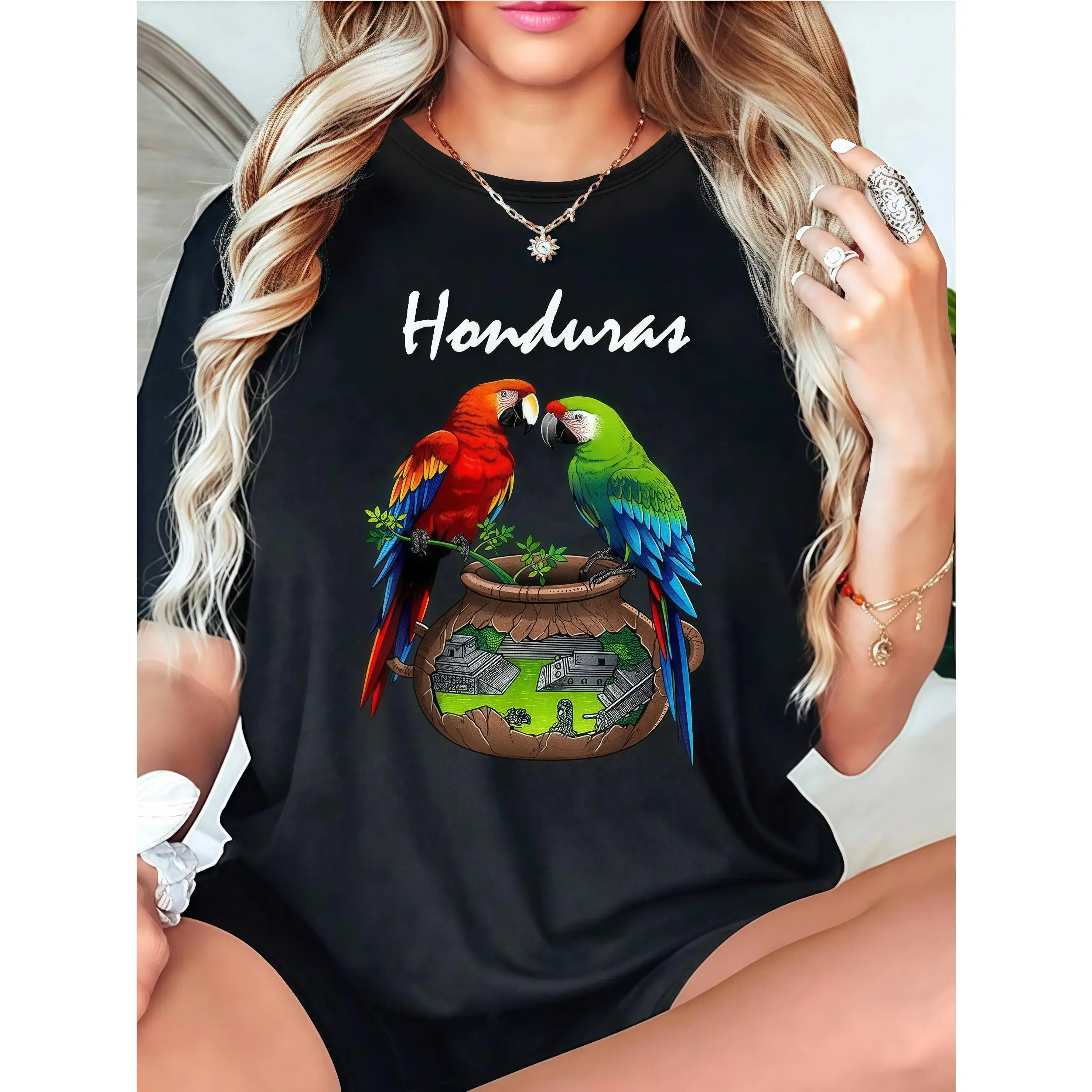 Men's "Honduras" Parrots & Cultural Landscape T-Shirt, Central Am. Heritage Short Sleeve Tops, 100 Cotton Casual Wear Handmade US Clothing