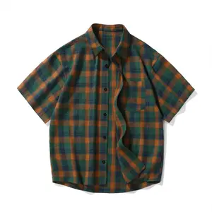 Summer trendy retro plaid casual men’s short-sleeve shirt; green plaid short-sleeve shirt jacket; lightweight loose-fit shirt with a premium feel