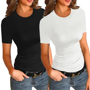 2Pack Women Ribbed Short Sleeve Tops Summer Basic Crewneck Slim Fit T Shirts Casual Tees Tunic Tops Cotton Knitted casual outfits women