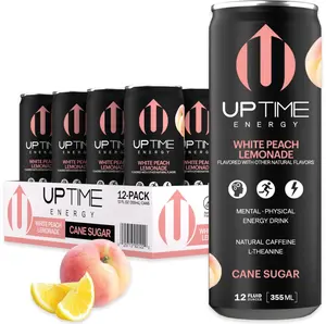 UPTIME Energy Fruit Beverage, White Peach Lemonade Flavor, 12-Pack (12 fl oz Each) with Certified Organic Cane Sugar, Natural Caffeine, L-Theanine, Vitamins for Mental & Physical Boost, Includes Cannister