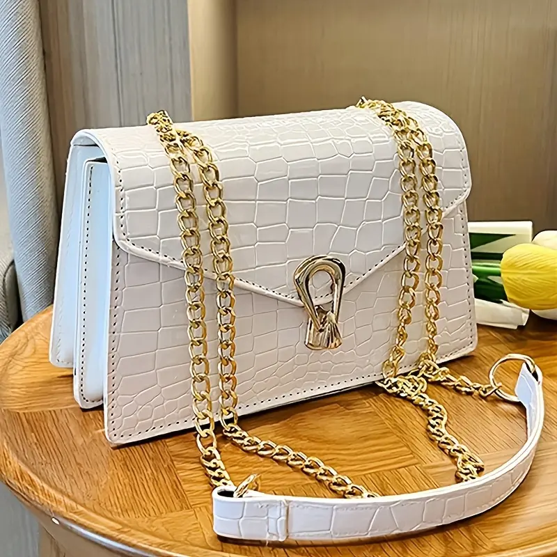 Pink Snake Print Crossbody BagFor Women, Stylish Women's Crocodile Pattern Handbag - Black Shoulder Bag With Detachable Strap Golden-Tone Hardware & Chain Strap, Crossbody Bag Purse Christmas Bags For Gifts Christmas Gift Bags