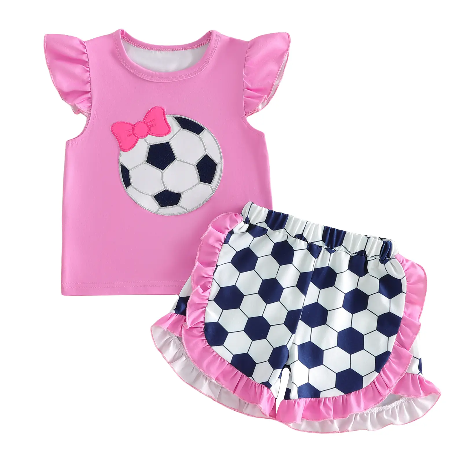 Baby Girls Summer Outfits Soccer Embroidery Print Fly Sleeves Tops and Elastic Ruffles Shorts Set Cute Clothes