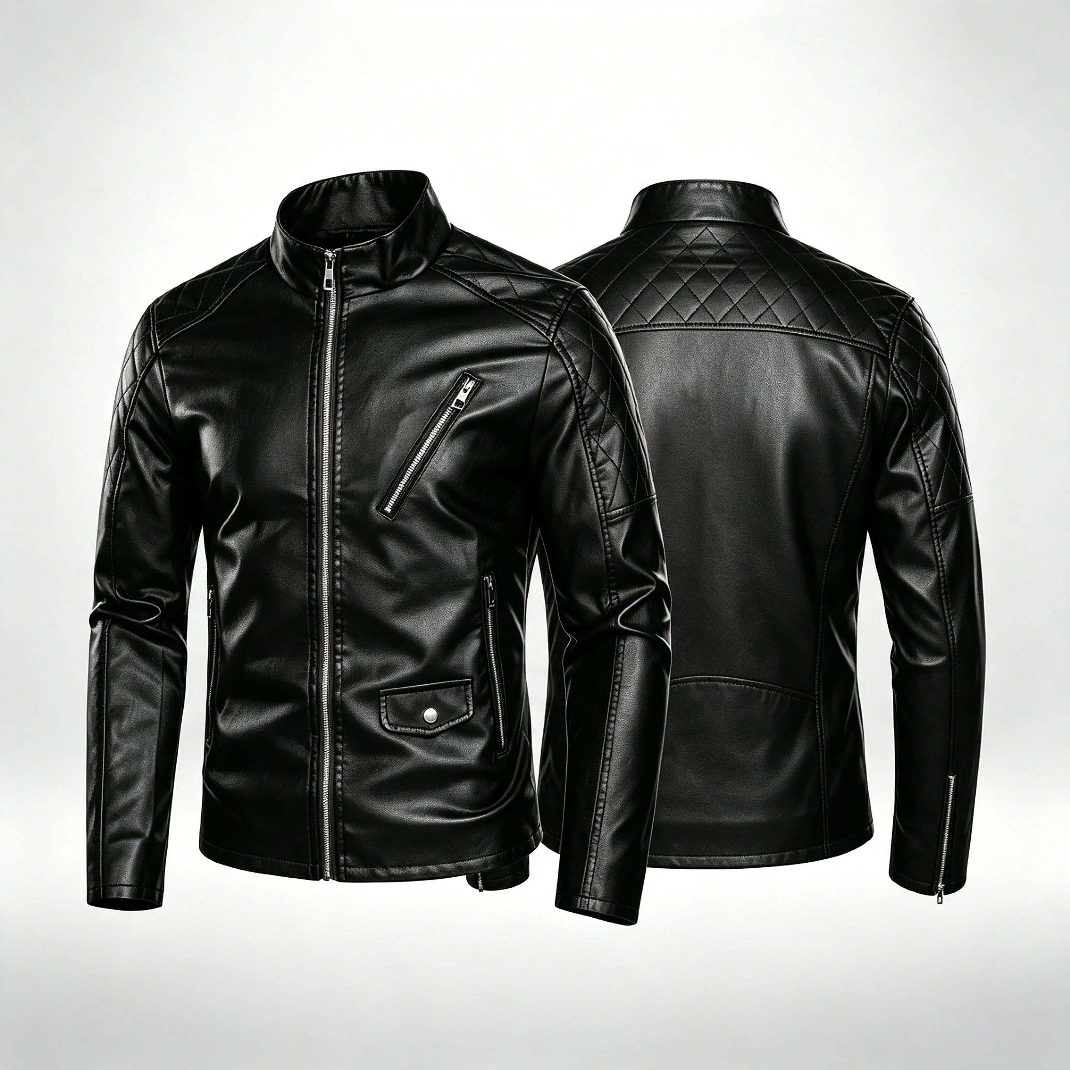Men’s Plain Faux Leather Biker Jacket - Menswear Long Sleeve Top, Classic Zip-Up Stand Collar, Slim-Fit Windproof Outerwear for Everyday Wear & Outdoor Cycling