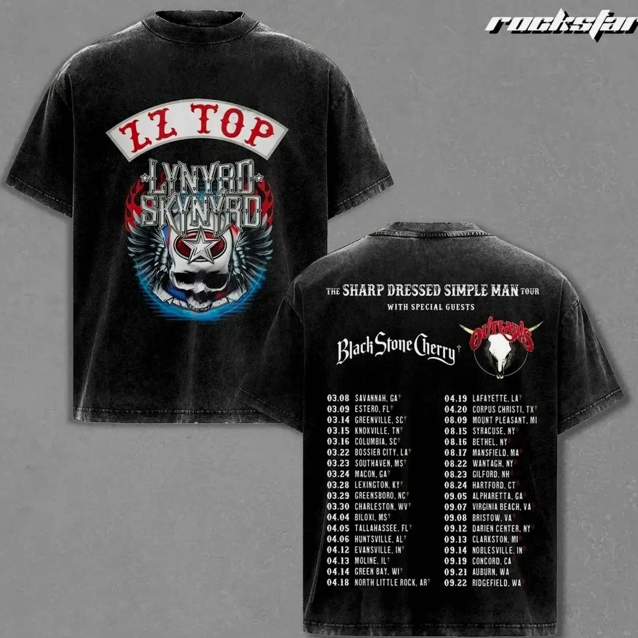Lynyrd Skynyrd ZZ Top Tour Washed Graphic T-Shirt Black - Vintage Oversized Heavyweight Cotton Tee with Skull Design and Tour Dates Back, Comfortable Streetwear Gift, Oversize Shirt, y2k styles, Vintage Outfit, Gift for fan KHG
