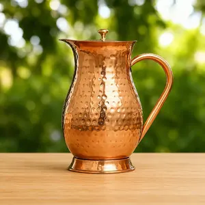 Pure Copper Water Pitcher 70oz, Handmade Hammered Copper Jug with Lid for Ayurvedic Water, Serving & Gifts