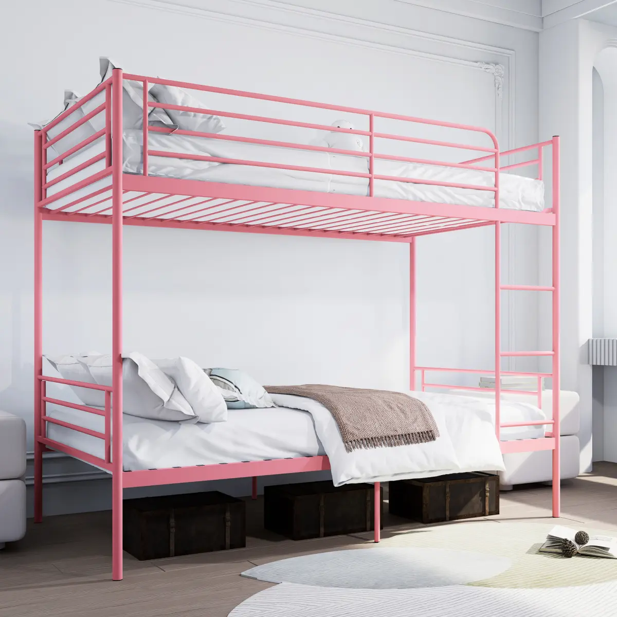 Modern Pink Metal Twin Over Twin Bunk Bed - Stable, Scratch-Resistant, Noise-Free, Iron Frame (78x40.8x65in, 73.85lbs), Ladder, High Guardrail, Storage Space, Separable into 2 Single Beds, Durable, Assembly Required, 73.85 Lbs, Solid Metal