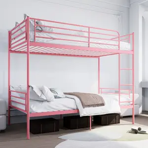 Pink Metal Bunk Bed with Ladder & High Guardrail Twin Over Twin Size Iron Construction Wear-Resistant Finish Noise Free Storage Space