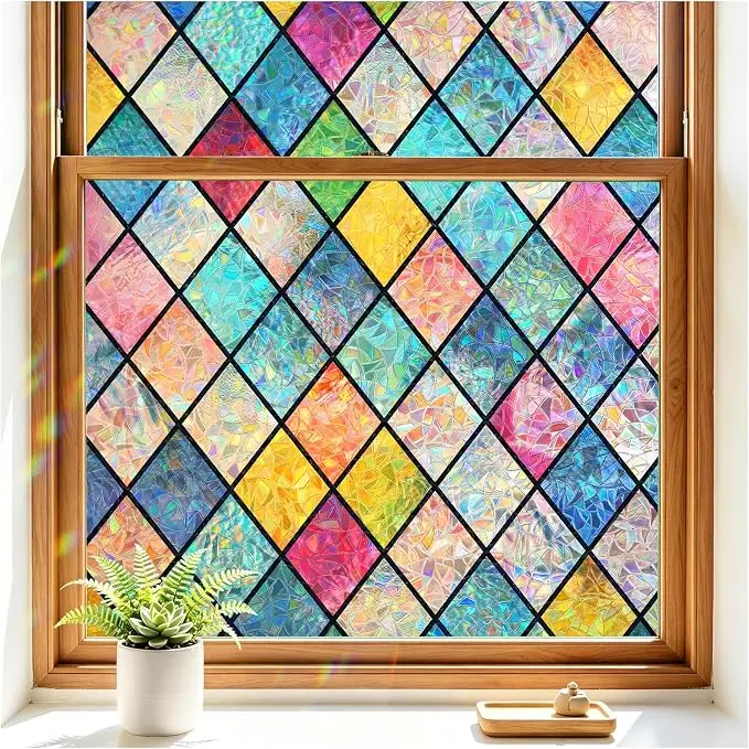 Stained Glass Winodw Film, Rainbow Lattice Stickers, 17.5" x 78.7" | 3D Colorful Decorative Window Cling, Static Cling Removable, Blocks UV & Heat, Privacy Decals for Home Door, No Glue