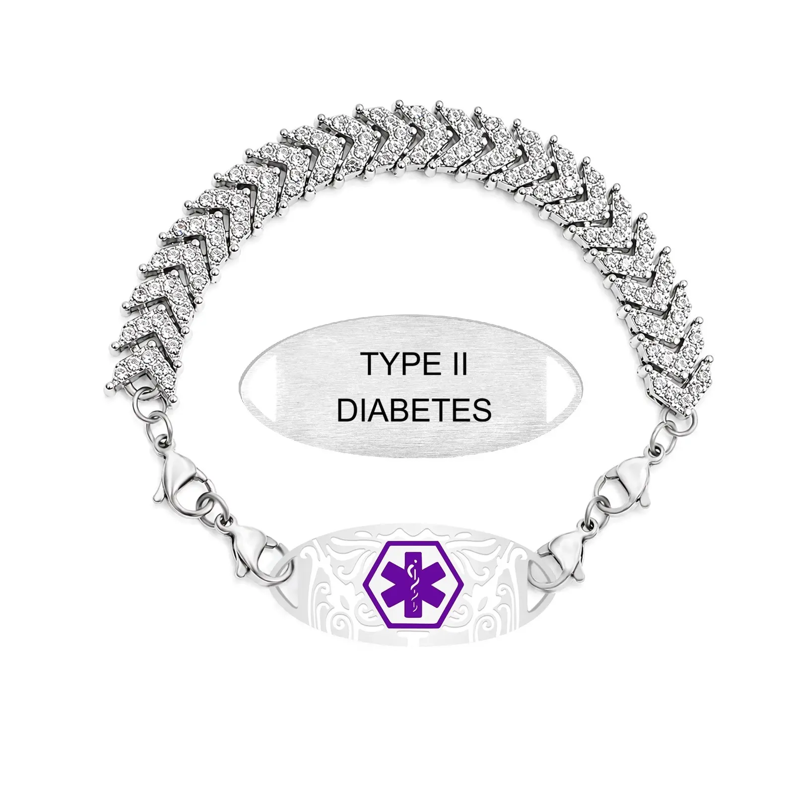 Medical ID Tennis Bracelet for Women, Rhinestone Arrow Chain Bracelet with Replaceable Stainless Steel ID Plate, Personalized Engraving or Dynamic QR Code Emergency Information Jewelry