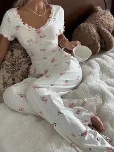 MONASWEET Tulip Pattern Collar Splice Ruffle Trim Casual Cute Pajama Set  Cozy And Elegant Details