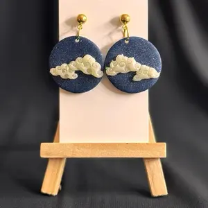 White Clouds Polymer Clay Blue Drop Earrings with Gold Findings Unique Design Jewelry Accessory