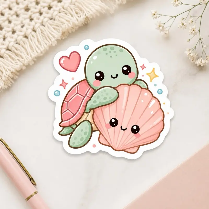 Kawaii Sea Turtle & Seashell Sticker | Cute Ocean Vinyl Sticker | Waterproof Pastel Turtle Decal | Laptop, Water Bottle & Journal Sticker
