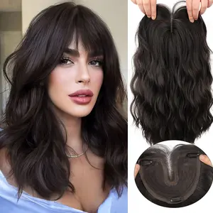 Nnzes 18Inch Brown-Black Hair Toppers For Women Heat-Synthetic wigs with bangs Wavy Curly Clip for Thining hair,add Hair Volume , Wiglets Hair Pieces