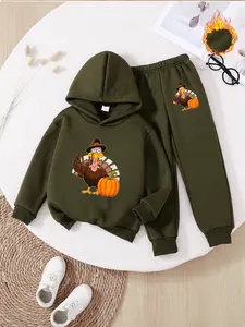 Boys' Fleece Hoodie Set, Thanksgiving Turkey Print, Vintage Hat, Pumpkin Holder, Casual Fit, Fall & Winter, Holiday Gift