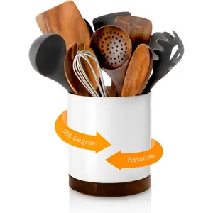 360? Rotating Utensil Holder, 7.2" Large Utensil Crock, White Ceramic Cooking Utensil Organizer with Countertop-Protection Cork Bottom for Farmhouse Kitchen Decor Christmas  (White)