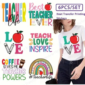 6pcs/set Teacher Appreciation Heat Transfer Stickers - DIY Crafts Washable Iron-On Patches for T-Shirts, Colorful Vinyl Decals with Inspirational Phrases like "TEACHER LIFE", "BEST TEACHER EVER", "Teacher Powers" & "Love," Perfect for Teacher's Day Gifts