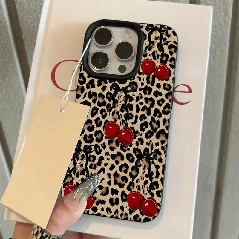 Vintage Leopard & Cherry Print Smartphone Case - Minimalist Shockproof TPU Cover, Drop-Resistant Protection, Compatible with iPhone 16 Pro Max/16 Plus/15 Pro Max/15/14/13 Pro/12/11 Mobile Casing Accessories