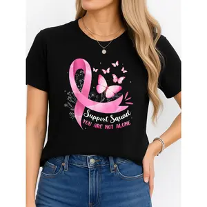 Breast Cancer Awareness T-Shirt Black Support Squad You Are Not Alone Personalized Unisex Women's Top Summer Comfortable Breathable Short Sleeve Tee Suitable For All Outfits Made In Usa