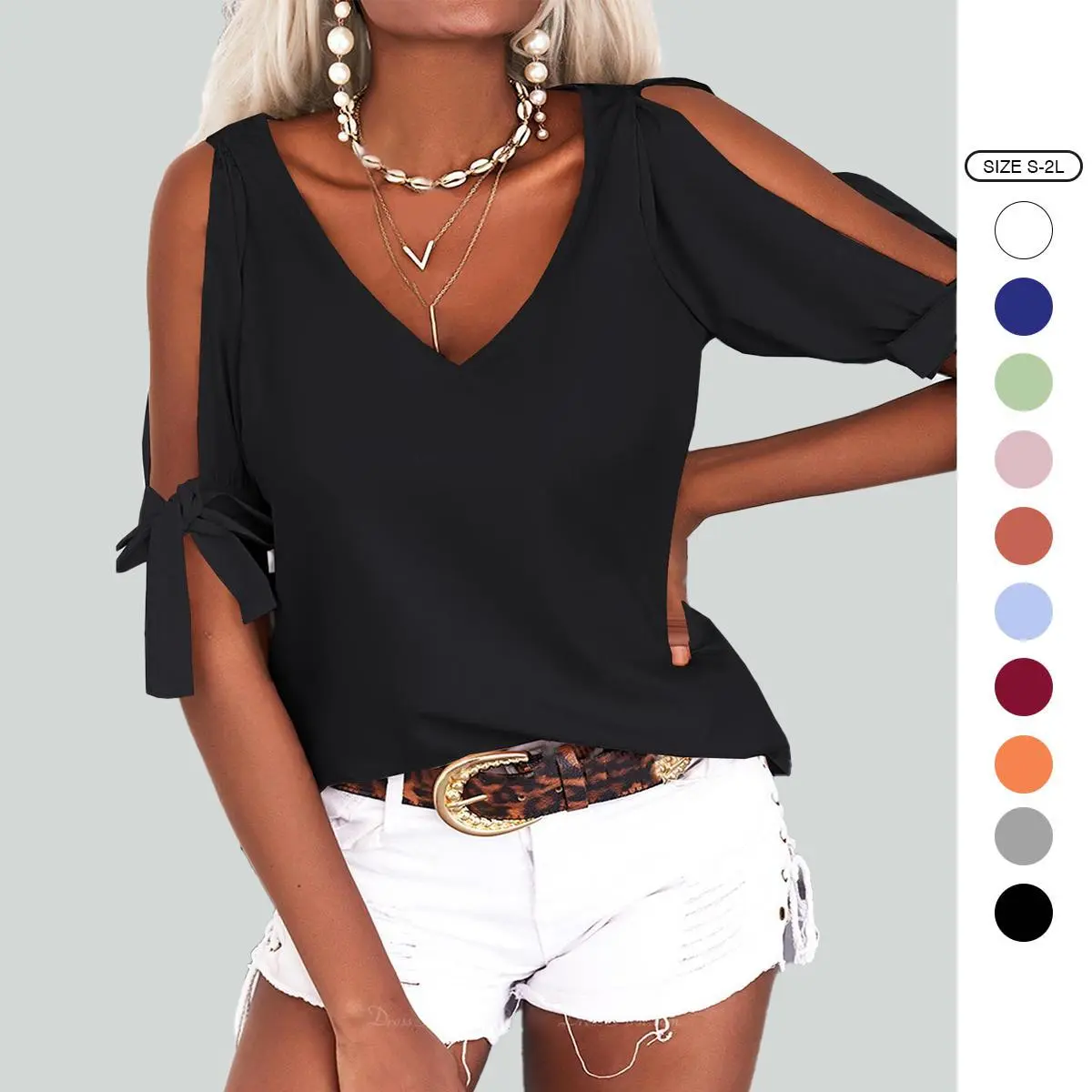 Imily Bela Women's Cold Shoulder Tops Short Sleeve V-Neck Casual Loose Cutout Summer Fashion Tshirts Blouse Shirts