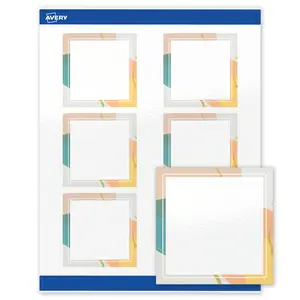 Avery Printable Square Labels, 3" x 3", Glossy White, Pre-printed Color Block/Metallic Gold Veins Design, Sure Feed Technology, Laser & Inkjet Compatible, 120 Total