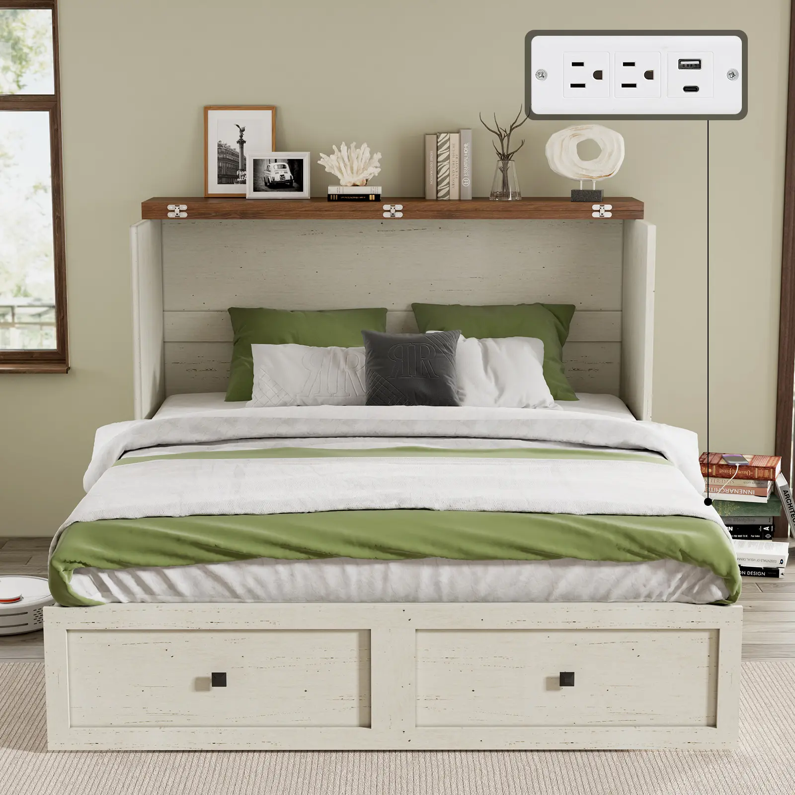 【Ships in 2 Boxes】[Summerwins] [SummerFinds] AMERLIFE Murphy Bed, Farmhouse Murphy Storage Bed with Large Storage Drawer & Charging Station