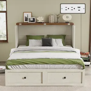 【Ships in 2 Boxes】AMERLIFE Murphy Bed, Farmhouse Murphy Storage Bed with Large Storage Drawer & Charging Station