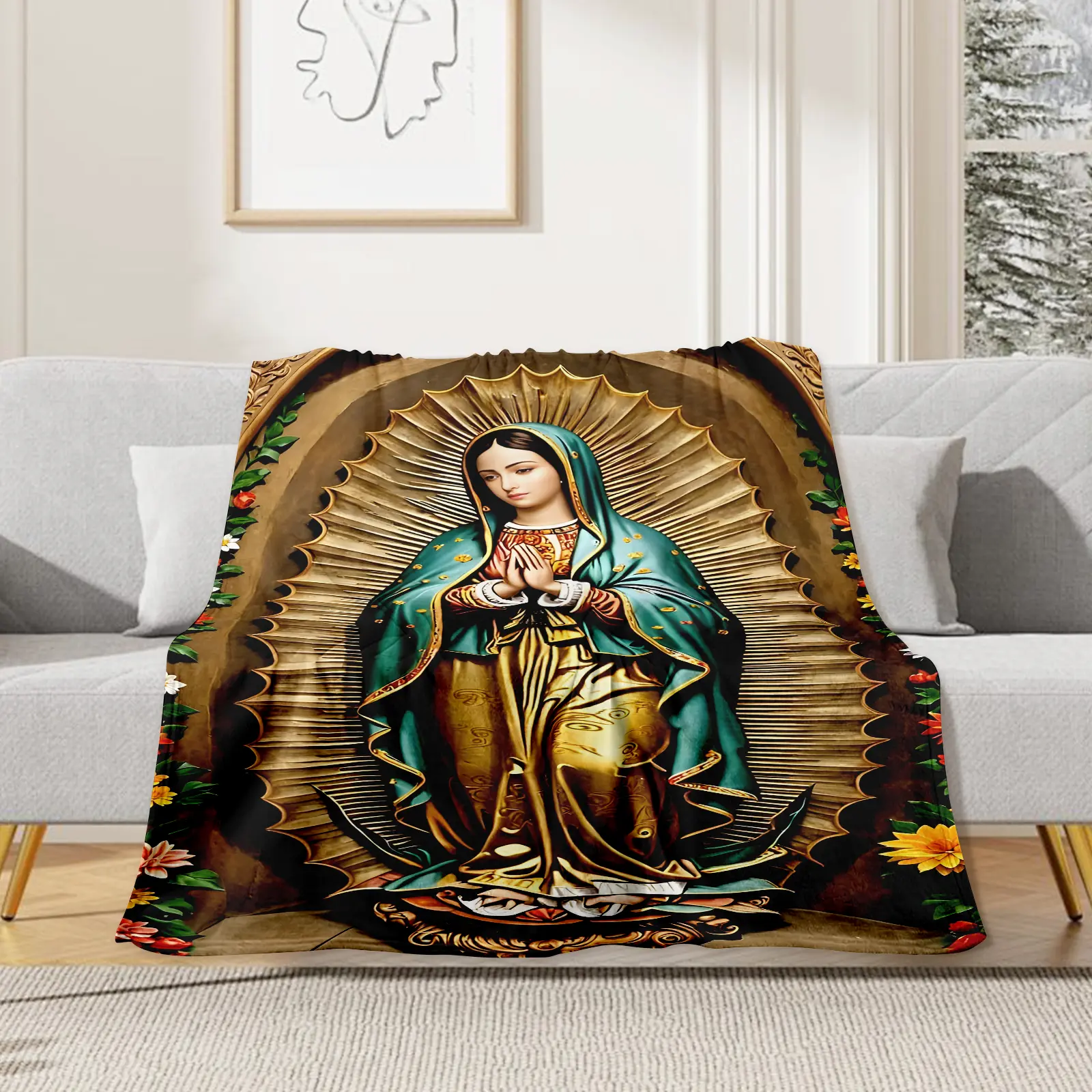 Our Lady of Guadalupe Catholic Flannel Fabric Blanket, Virgen de Guadalupe Print, Multi-Size Plush Texture Soft Cozy Throw, Warm Fuzzy Bedding for BedroomSofa, Ideal Catholic Women’s Baptism Christmas Home Decor Gift  blanket  bedding