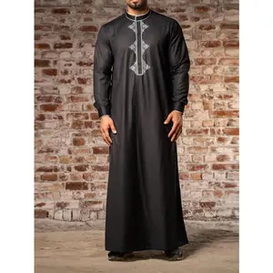 Islamic Muslim Arab Thobe, Men's Black Long Sleeve Classic Embroidery Robe, Ramadan Eid Kaftan with Pocket Great for doing housework, reading, or taking a nap at home.