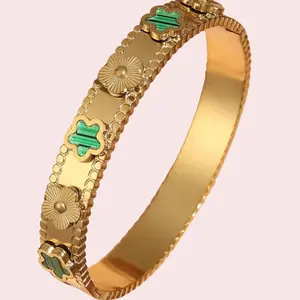 Five-leaf Flower Stainless Steel Bracelet Bangle 18k Gold Color Lucky Grass and Watches 750/18K Elegant Women's Accessory
