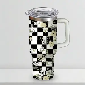 30 oz Sweet & Edgy Checkerboard Floral Insulated Tumbler, Y2K Aesthetic Black & White Checkered Travel Mug with Cream Flowers, Comfort Handle & Straw, Preppy Gift for Her, 48H Iced