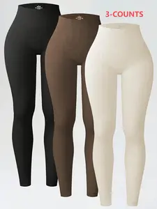 Women's High Waist Plain Ribbed Leggings, Medium Elasticity, Sporty Style, Suitable for Gym and Outdoor Activities, All Seasons