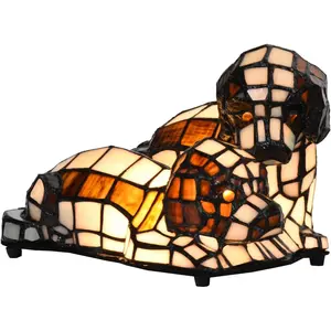 L10772 Dogs in Love Tiffany Style Stained Glass Accent Table Lamp Night Light for Bedside Living Room Bedroom Animal Pet Lovers Home Decoration