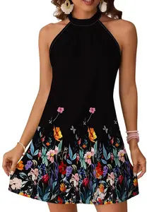 2026 New Spring Summer Halter Neck Off-Shoulder Sleeveless Slim Fit Long Dress, Floral Pattern Digital Print, Sweet Casual Boho Style Womenswear, Bohemian Dresses, Chic