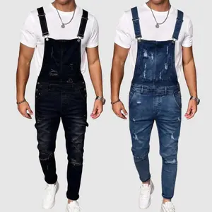 Men's High Cotton Y2K Denim Overalls, 2 Colors Retro Washed Slim Fit Bib Overalls with Distressed Rips & Adjustable Straps, Grunge Streetwear Casual Jumpsuits for Men