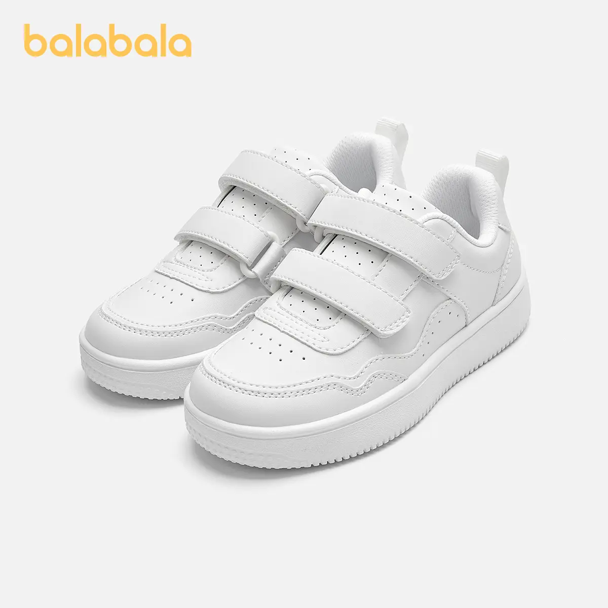 Balabala Kids Low-Top Sneakers Boys & Girls Spring 2025 White Sport Shoes Easy Velcro Strap Leather Upper Anti-Odor Insole, Round Toe, Ages 3-12, Sporty Low Top, Casual Trainers, Children, 4 - 5 Years