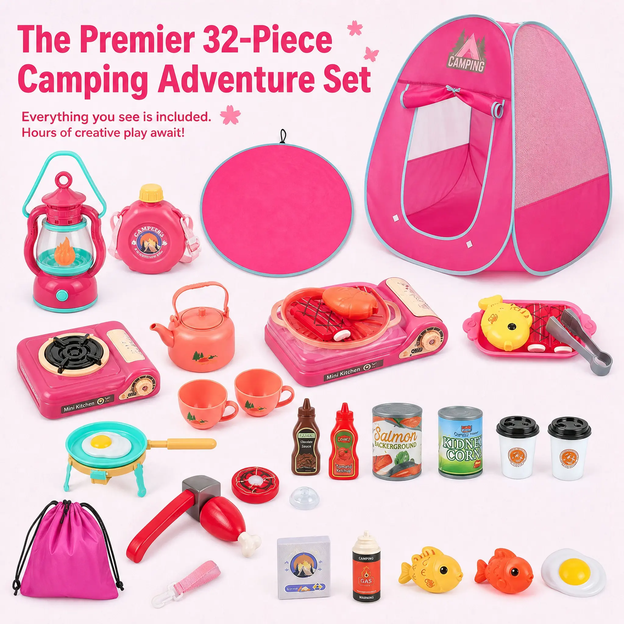 A 32-piece pink camping tent pretend play toy set, including an outdoor kitchen and picnic toys, a portable pop-up toy tent with lights, is the ultimate adventure gift for children over 2 years old.