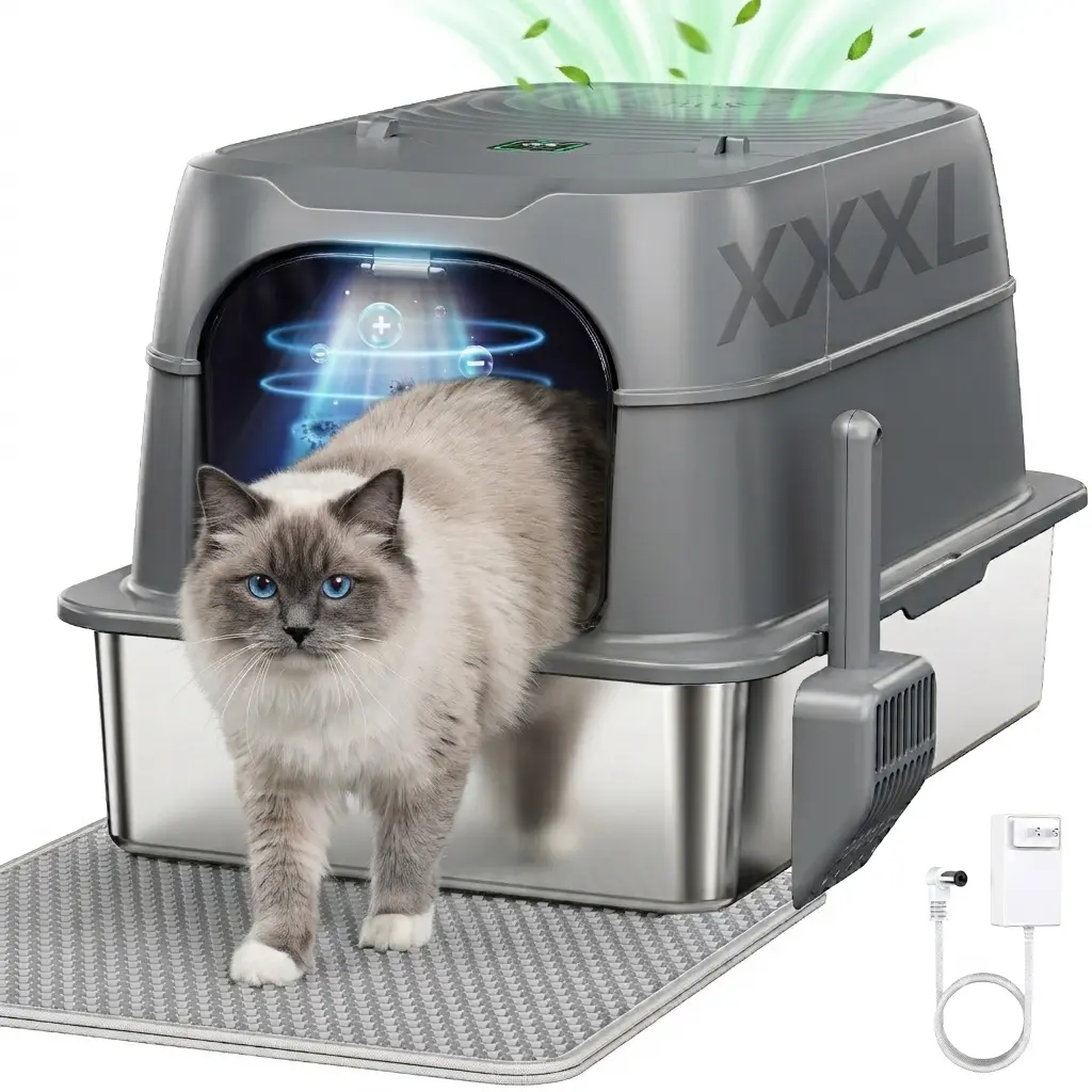 Stainless Steel Cat Litter Box Smart Odor Free Control Toilet Extra Large 60L Enclosed with Auto Pause Sensor,Plasma Sterilization,180° Flip Lid, Easy Cleaning,High Sided Walls,Include Mat & Scoop,Anti-Urine Leakage,Never Absorbs Odors,Non-Sticky