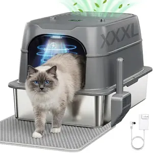 Stainless Steel Cat Litter Box Smart Odor Free Control Toilet Extra Large 60L Enclosed with Auto Pause Sensor,Plasma Sterilization,180° Flip Lid, Easy Cleaning,High Sided Walls,Include Mat & Scoop,Anti-Urine Leakage,Never Absorbs Odors,Non-Sticky