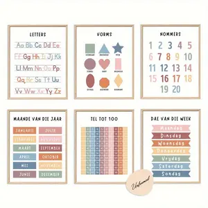 2D Flat 6pcs Frameless Afrikaans Educational Posters, for Homeschool Classroom Decor, Classroom, Bilingual Classroom, Afrikaans Classroom Posters, Suitable for Bedroom or Study Decor, 20.32 x 25.4 cm