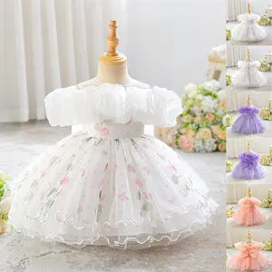 6M-3Y Kids Clothes 3022 Pink Floral Anniversary Big Bow Birthday Baptism Flower Girls Frock Ball Gown Pageant Children Elegant Princess Prom Host Formal Evening Party Banquet Dress for All Season