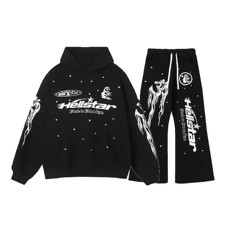 Hellstar Flame Graphic Tracksuit Set | Oversized Streetwear Hoodie & Sweatpants (Vintage Black)