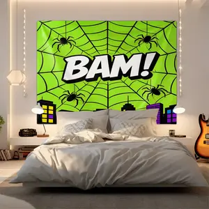 Cool Spider Web City Tapestry, Comic Onomatopoeia Wall Hanging, Soft Washable Fabric, Ideal for Boys Bedroom, Dorm, Game Room, Also Works as Photo Backdrop & Party Decor
