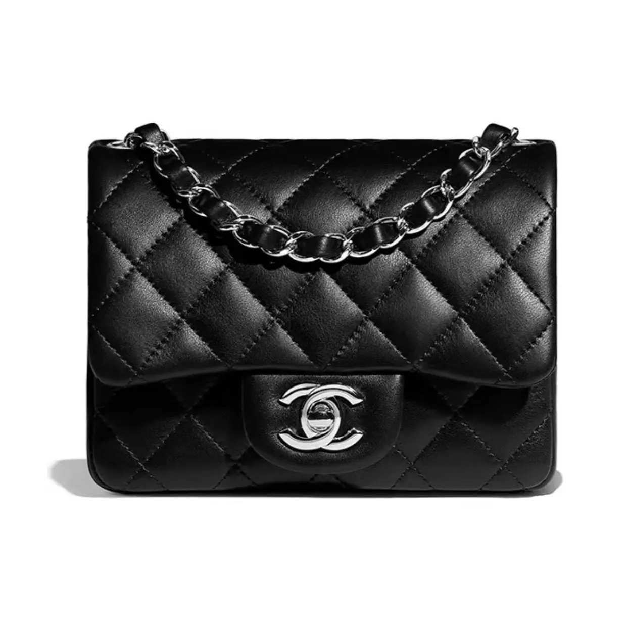 Pre-owned CHANEL Classic Flap Square Mini Black Quilted Lambskin Silver‑Tone Hardware Chain Shoulder Crossbody Bag 2602424