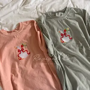 Strawberry Goose Embroidered Spring T-Shirt Comfort Colors Flowers Floral Crewneck Pastel Goose
