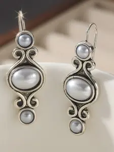 1 Pair Elegant Vintage Silver Color Pearl Drop Earrings for Women, Chic Circular Shape Stylish Round Unique Imitation Pearl Jewelry Gifts for Weddings and All Seasons