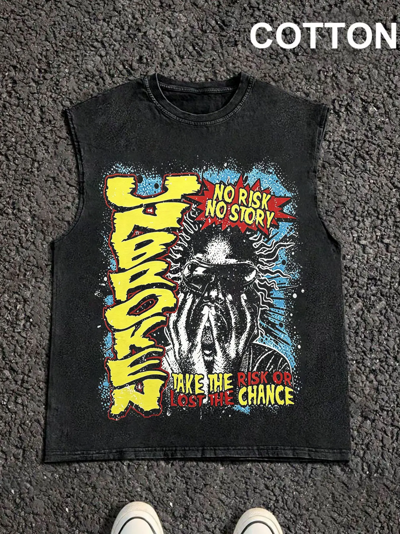 1 PCS Washed 100% Cotton Oversized Unisex Sleeveless Tank Top, Unbroken No Risk No Story Portrait Vintage Graphic Cut Off Tee, Grunge Hip Hop Casual Streetwear Vest For Men Women