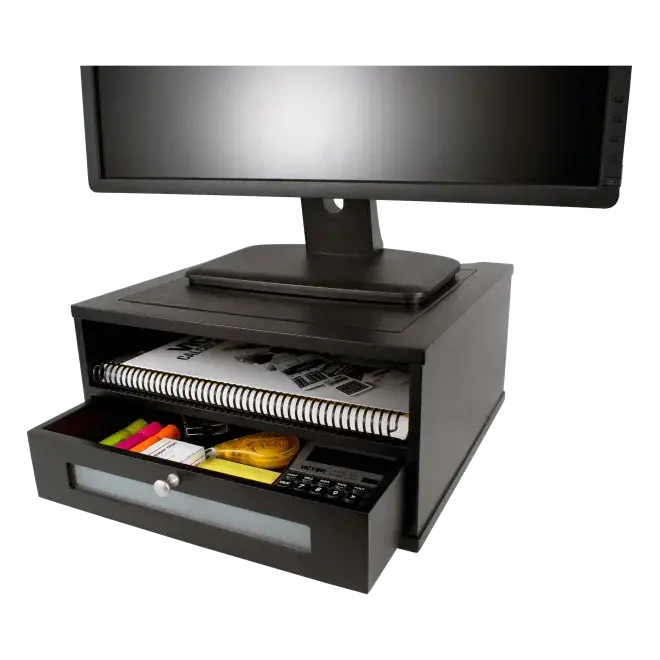 VICTOR® Wooden Computer Stand Monitor Riser with Drawer, 13"w x 13"d x 6.5"h, Double-Coated Finish, Ergonomic Elevation, Built-In Cable Management, Fully Assembled for Corporate Workstations (Silver, Brown)